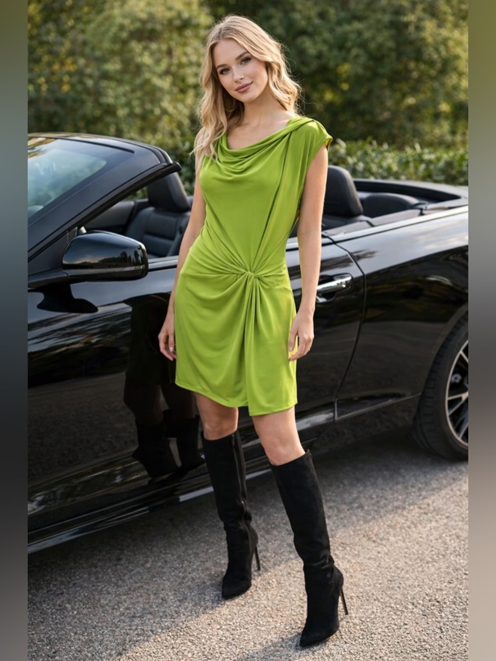 Michael Michael KORS Fresh Lime Cowl Neck Twist Dress w/ Knot Front L NWT $120